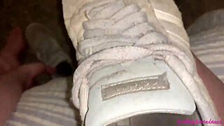 bouncing boobs and pissing pussy with dirty feet in worn-out shoes on display.