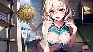 Hot anime cheerleader teases with public pussy play in transparent outfit