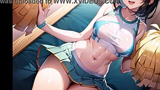 Hot anime cheerleader teases with public pussy play in transparent outfit