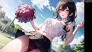 Hot anime cheerleader teases with public pussy play in transparent outfit