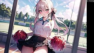 Hot anime cheerleader teases with public pussy play in transparent outfit