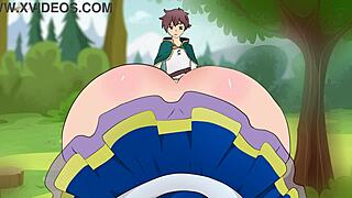 aqua's tiny skirt seduced kazuma in this wild hentai cartoon parody