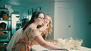 Teaser Charlie Forde teases Chasey in kitchen for full cunilingus video on xred.