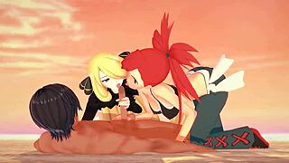 Just chilling with Pokemon babes Flannery and Cynthia in a hot beach threesome scene.