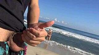 jerking off at public beach with sexy girls helping