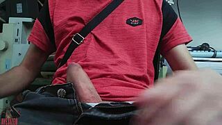 Skinny guy masturbates at work on his desk