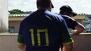 damn, banging this chubby guy on the rooftop while everyone watches!