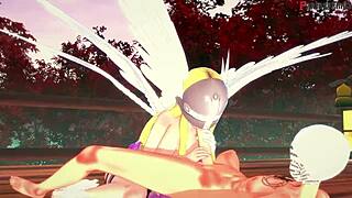 Angelwomon evolves to fuck three Digimon in wild fantasy action