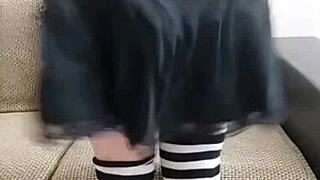 Pink shirt sissy crossdresser shows off big butt in homemade clip.