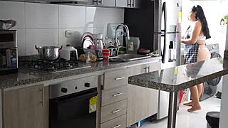 Yo, I tricked my stepsister in the kitchen to bang her tight Colombian pussy hard