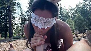 Bunny teases in the woods before getting fucked hard after a sloppy cock suck