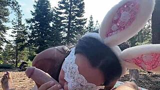 Bunny teases in the woods before getting fucked hard after a sloppy cock suck