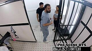 mia in roleplay scene backstage with domination and gloves while brother watches