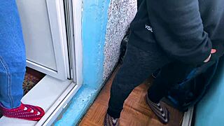 Public blowjob on the balcony turns heads with this cute brunette teen. Everyone’s watching the action.