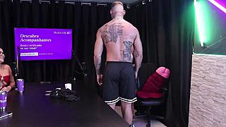 Two Brunettes Strip Him After Dirty Talk on Perfect Oral Tips