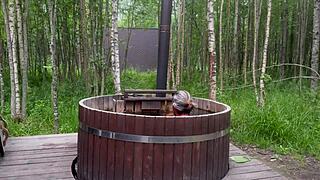 bold outdoor sex in a steamy hot bath with a cute blonde getting wild.