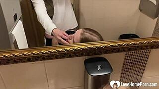 Blonde gets bent over in public bathroom