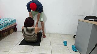 She strips while exercising, revealing her smooth body.