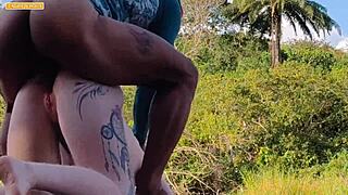 Gangbang madness with three hung guys pounding in raw action outdoors