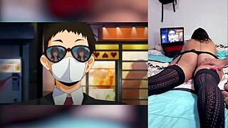 Fat teen reacts to hentai blowjobs with cum in mouth, big tits, stepbrother showing her big ass