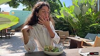 So, I asked a friend to cum on my face at a cafe. Eating with sperm in public was wild!