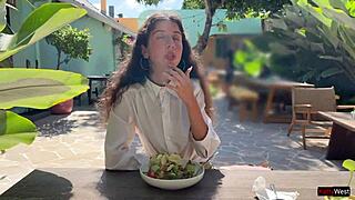 So, I asked a friend to cum on my face at a cafe. Eating with sperm in public was wild!