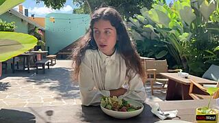 So, I asked a friend to cum on my face at a cafe. Eating with sperm in public was wild!