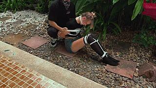 hey, this park beauty got tied up in wild outdoor bondage fun