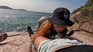 Wild orgy on deserted beach with naughty girls licking and banging