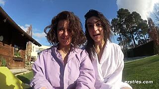 Hairy amateur babes tease and play in steamy shower