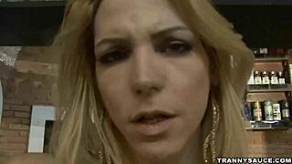 foxy blonde shemale hottie teases while stroking her hard shaft