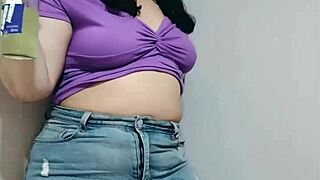 nicole plays shy while teasing before filling her chubby belly.