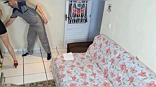 Old Skinny Wife In Miniskirt Receives Delivery Guy's Cock While Husband Is At Soccer Game