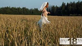 My18teen features a cute 18+ girl who goes for a walk in the field and masturbates her pussy with small natural tits