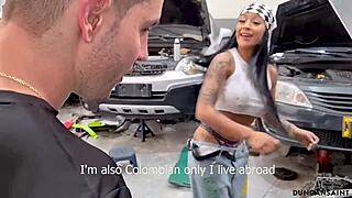 His car broke down, but he scored big with a tattooed brunette. She deepthroated and worshiped his huge athletic build.