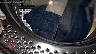 Adorable curvy housewife slave dominated in laundry, fucked by machine in kinky nude maid scene.