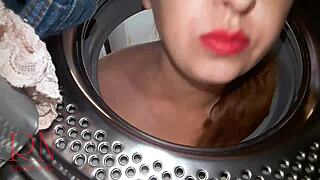 Adorable curvy housewife slave dominated in laundry, fucked by machine in kinky nude maid scene.