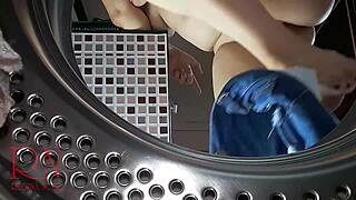 Adorable curvy housewife slave dominated in laundry, fucked by machine in kinky nude maid scene.