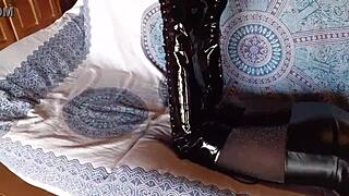 Milf In Black Lingerie, Fishnets, Pantyhose, And Over-The-Knee Boots Poses Seductively