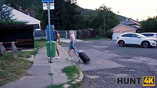 Guy watches girlfriend get drilled outdoors