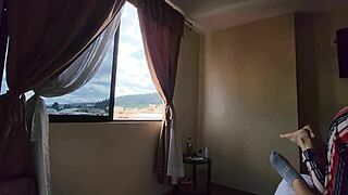 SEXY BLONDE SUCKS BIG COCK IN FRONT OF MIRROR IN HOTEL