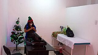 A hot nurse decorates a doc's office for Christmas