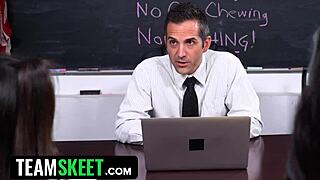 Pervy teacher got us! Tricked innocent virgin girls into classroom threesome. 😈