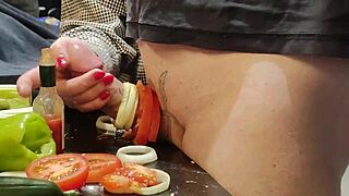Crazy housewife cooks up kitchen sexual confines