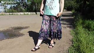 Hairy Mature in Transparent Dress Flashes Chubby Body Outdoors with Bold Upskirt Nude Moves