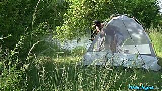 i fucked a french brunette with huge natural tits in their camping tent.