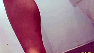 naughty blonde slut rides hard cock in bathroom with sexy boots on.