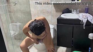 Nympho blonde teen rides toilet bowl in wild amateur action