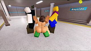 In Roblox, a hot girl gets banged by three noobs in a wild group session with deepthroat and cumshots.