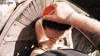 risky outdoor facefuck with cum in throat at the hunting tower